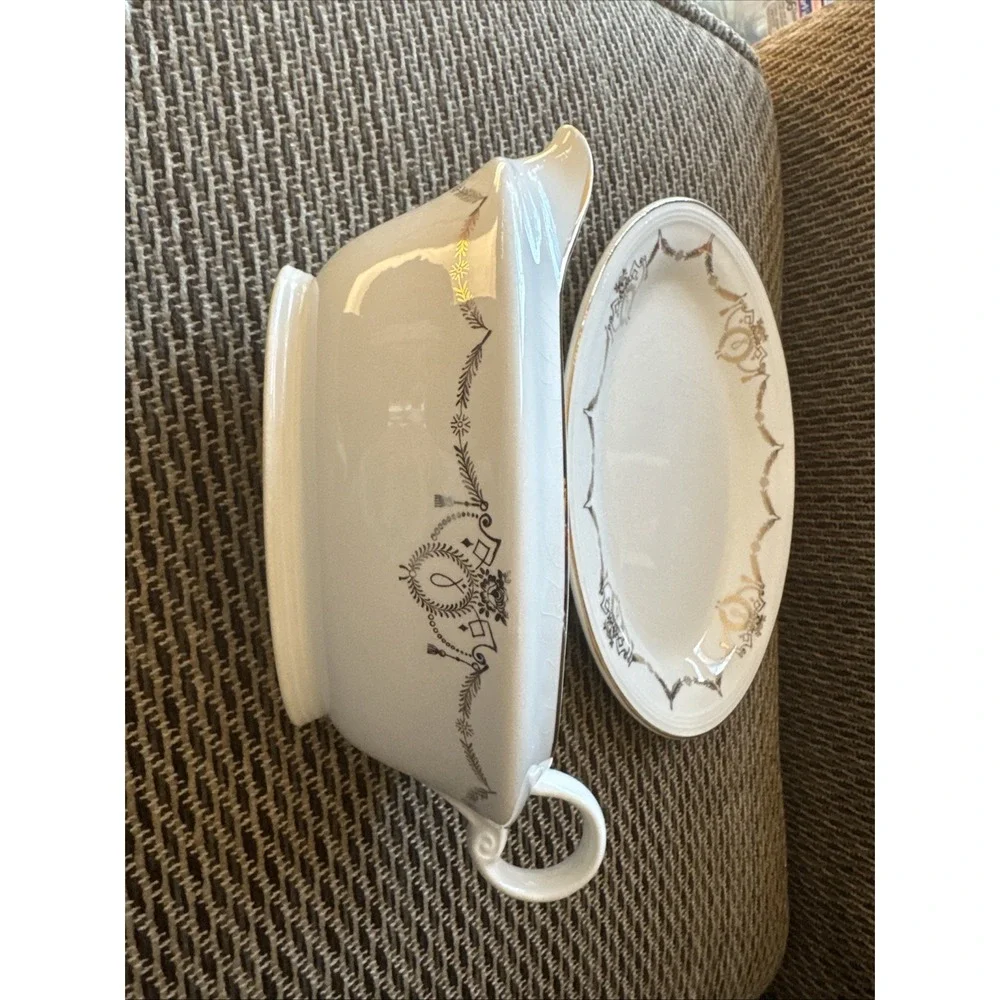 Edwin Knowles Gravy Boat & Plate Adams‎ Gold Swag Design Vintage 1940s